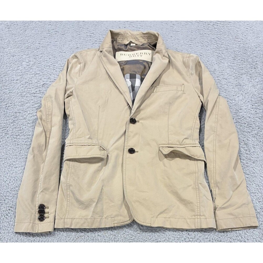 Burberry Brit Jacket Womens S Beige Twill 2 Button Blazer Check Lining England